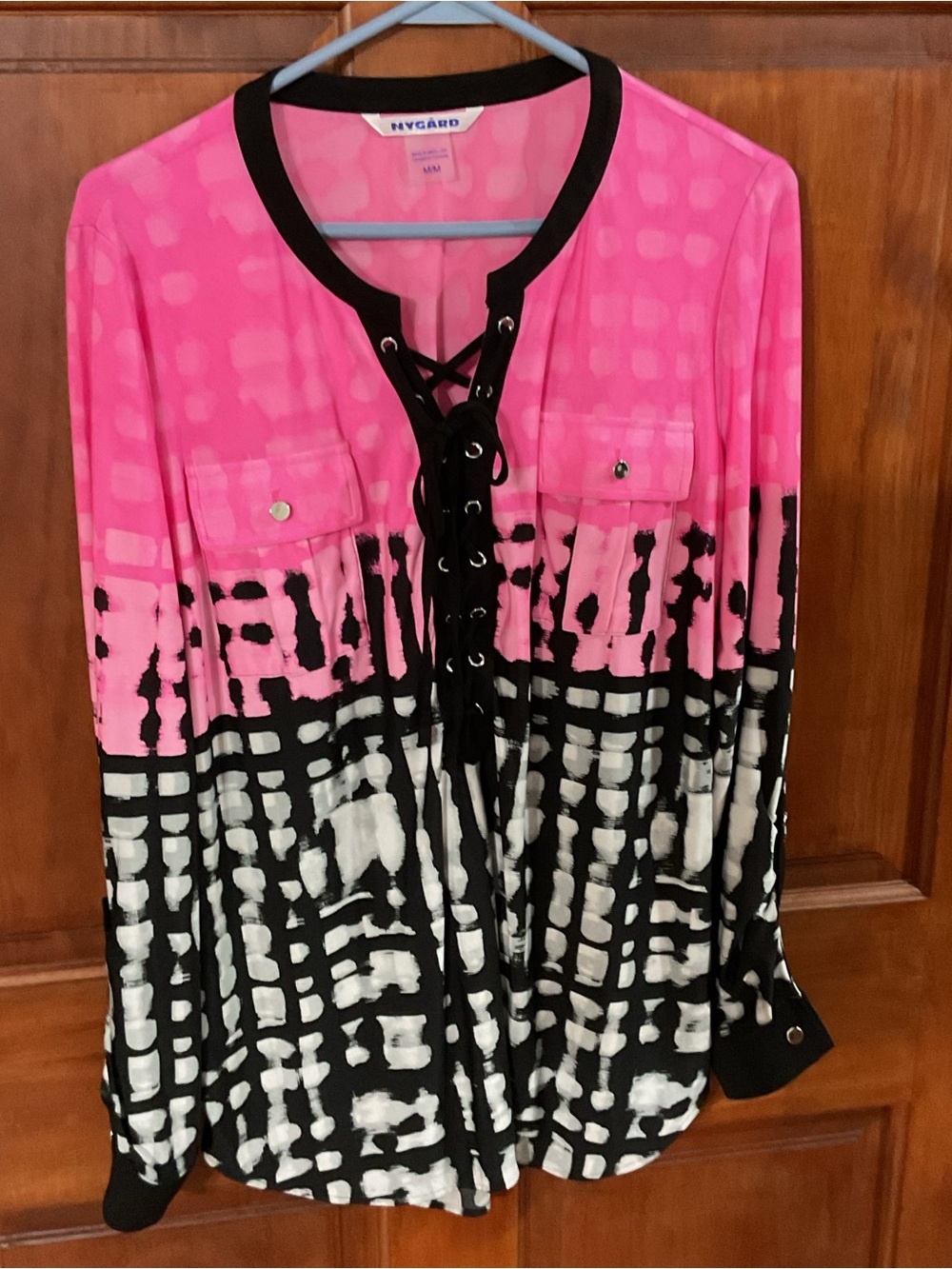 Peter Nygard Hot Pink Black White Lace-Up Printed Blouse
